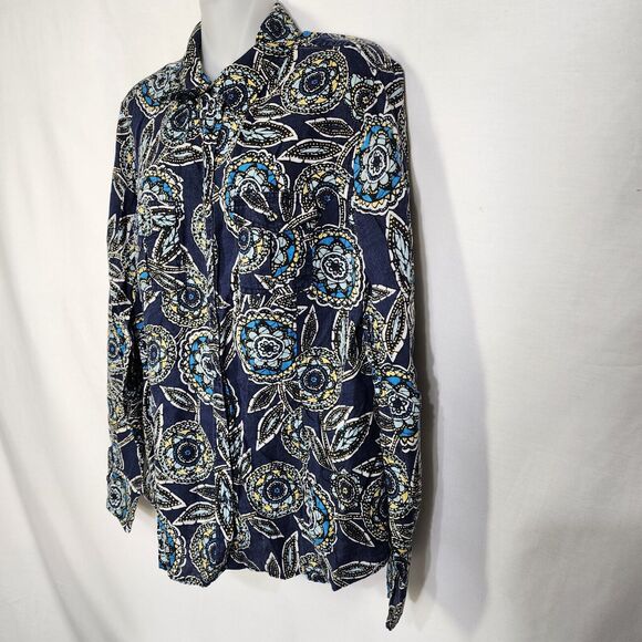 Charter Club Women Top Sz 16 Blue Floral 100% Linen Long Roll Tab Button Pocket - Picture 6 of 12